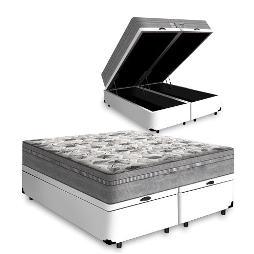 Cama Box Baú Queen Colchão Molas Bonnel + Box Bipartido Branca Sintético 53x158x198