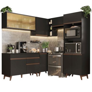 Armário de Cozinha Completa de Canto 402cm Preto Reims Madesa