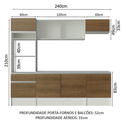 Armário de Cozinha Completa Madesa Topazio com Balcão e Tampo - Branco/Rustic