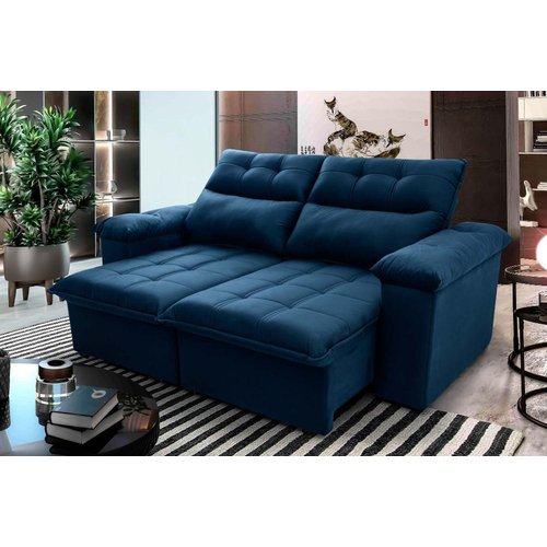 Sofá Retrátil/Reclinável Verona 2,00m Suede Velut Azul Marinho c/ Molas no Assento - King House Azul Marinho