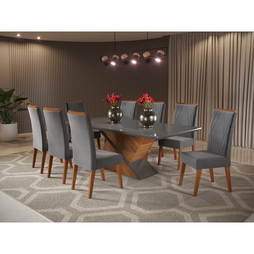 Mesa de Jantar Retangular Pipa com 8 Cadeiras Madeira Maciça Vegas Mel/Cinza/Grafite