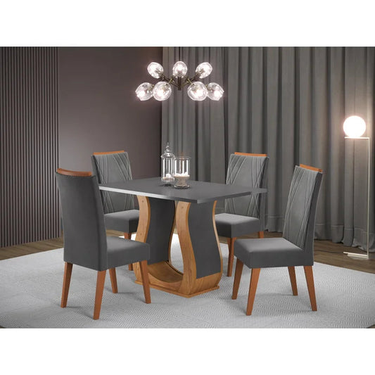 Mesa de Jantar Retangular Nubia com 4 Cadeiras Madeira Maciça Vegas Mel/Cinza/Grafite